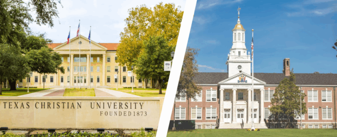 The buildings of the Texas Christian University and Rowan University